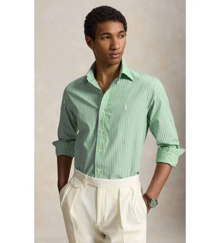 Polo Ralph Lauren para hombre. 710B15595011 Camisa de popelina con rayas Custom Fit verde (L), Casual, Algodón, Manga larga