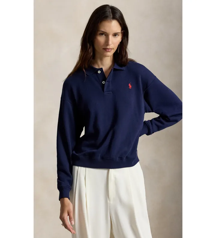 Polo Ralph Lauren para mujer. 211965097005 Jersey tipo polo de felpa ligera marino (M), Casual, Algodón, Manga larga