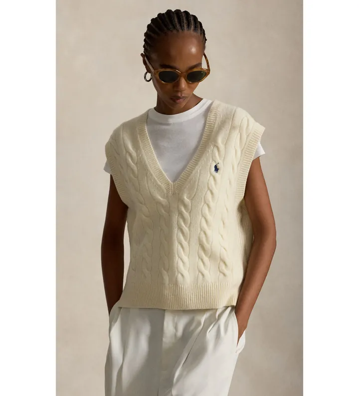 Polo Ralph Lauren para mujer. 211949994002 Chaleco de punto de lana y cachemira beige (L), Casual, Sin mangas / Tirantes