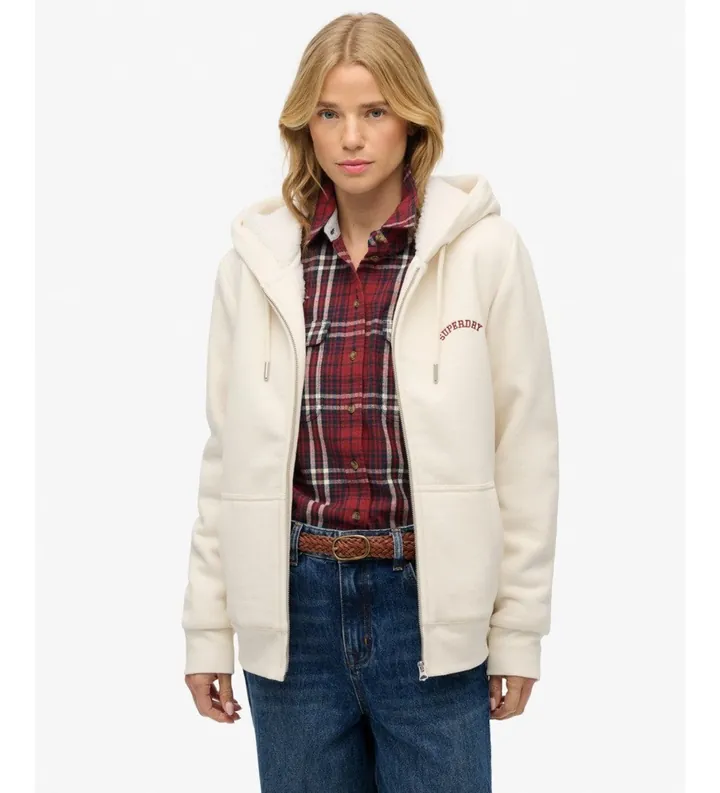 Superdry para mujer. W2012323A Sudadera con capucha y cremallera Borg Lined blanco roto (M), Casual, Algodón