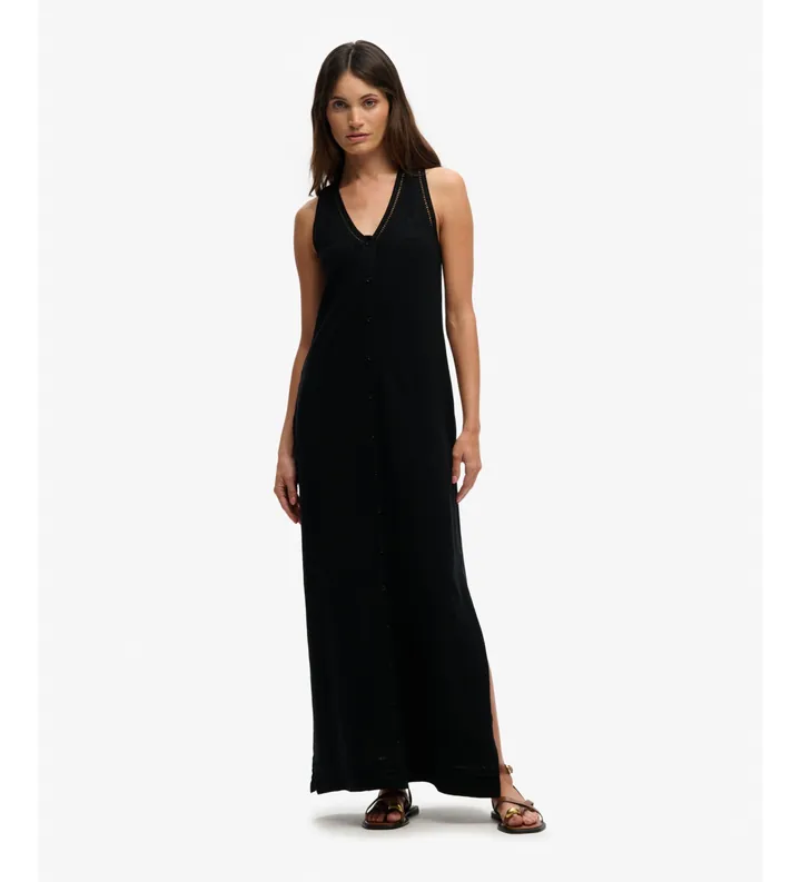 Superdry para mujer. W8012076A Vestido largo tirantes calado negro (XXS), Casual, Algodón, Sin mangas / Tirantes