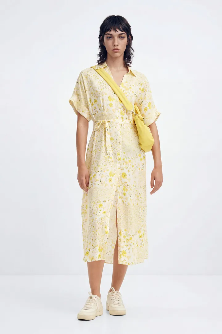 Desigual, Vestido midi camisero flores, Viscosa, Blanco, L