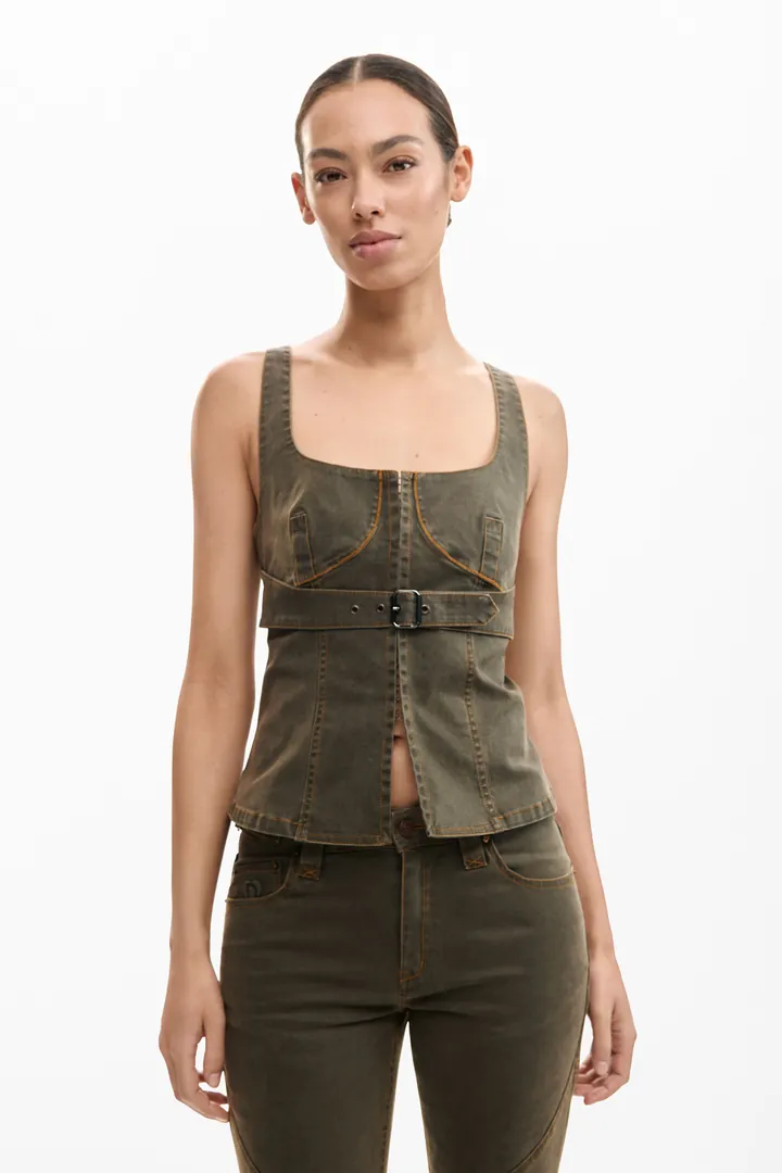 Desigual, Blusa tirantes ajustada, Mujer, Algodon, Verde, L