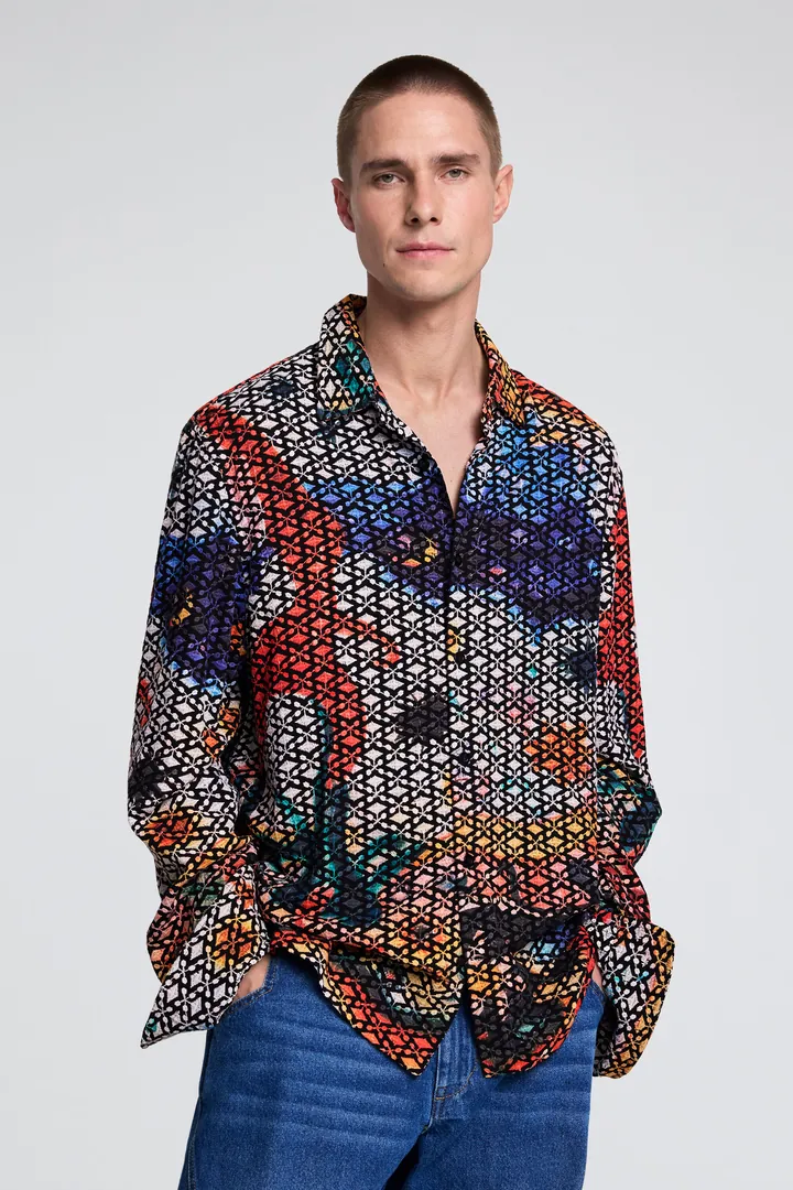 Desigual, Camisa bordada estampada, Hombre, Azul, L