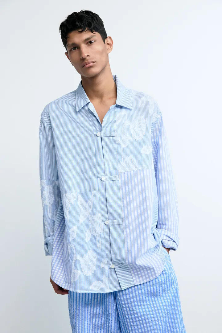 Desigual, Camisa estampada flores, Hombre, Algodon, Azul, L