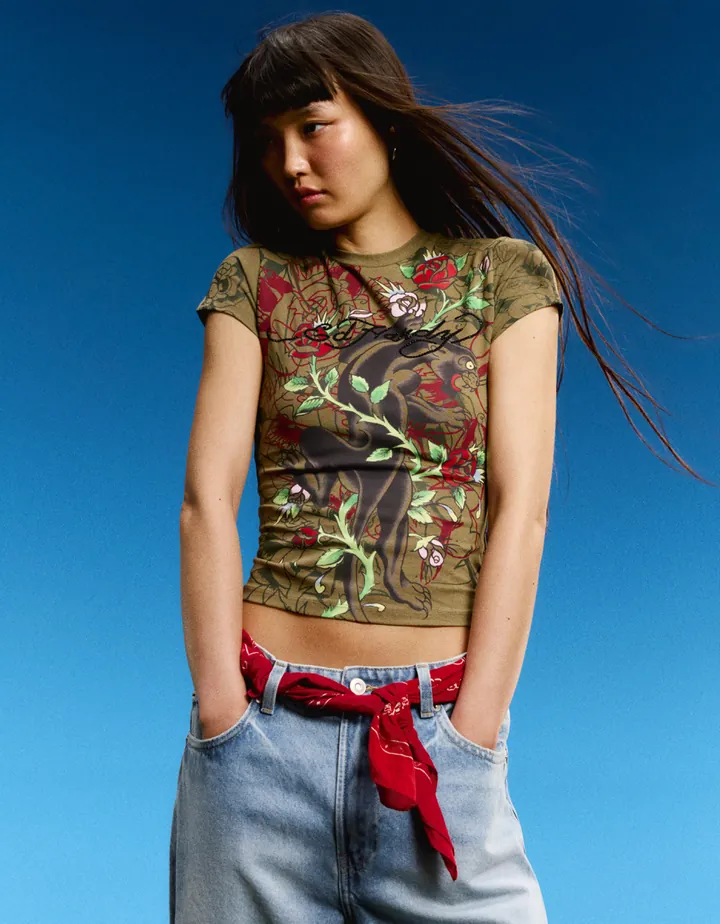Bershka Camiseta Manga Corta Print Ed Hardy X Bershka Mujer L Kaki