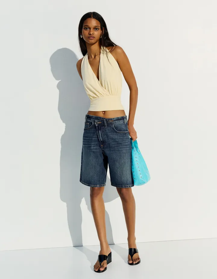 Bershka Bermuda Denim Cintura Cruzada Mujer 32 Azul