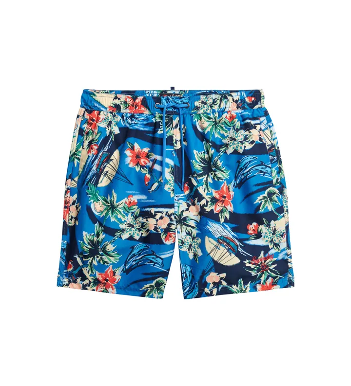 Superdry para hombre. M3010232A Bañador con estampado hawaiano reciclado azul (L), Beachwear, Poliéster Reciclado, Sostenible