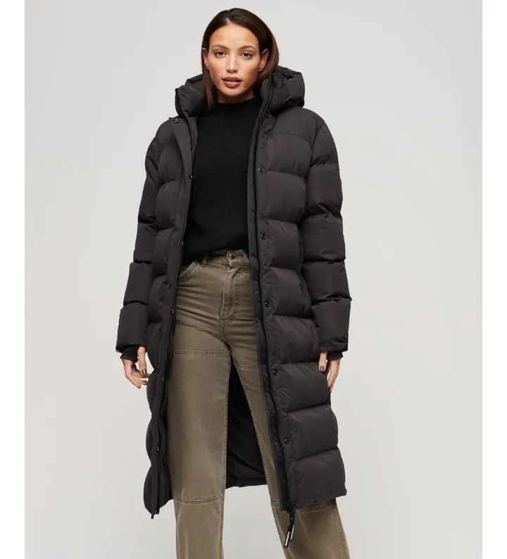 Superdry para mujer. W5011738A Abrigo acolchado largo negro (XS), Casual, Poliéster Reciclado