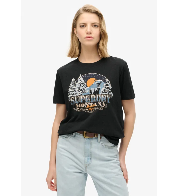 Superdry para mujer. W1011519A Camiseta Travel Souvenir negro (S), Casual, Algodón, Manga corta
