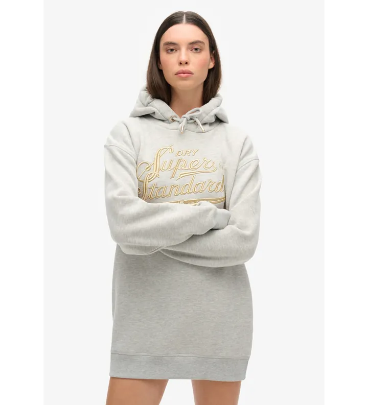 Superdry para mujer. W8011756A Vestido con capucha y logotipo metalizado Luxe gris (S/M), Casual, Algodón, Manga larga