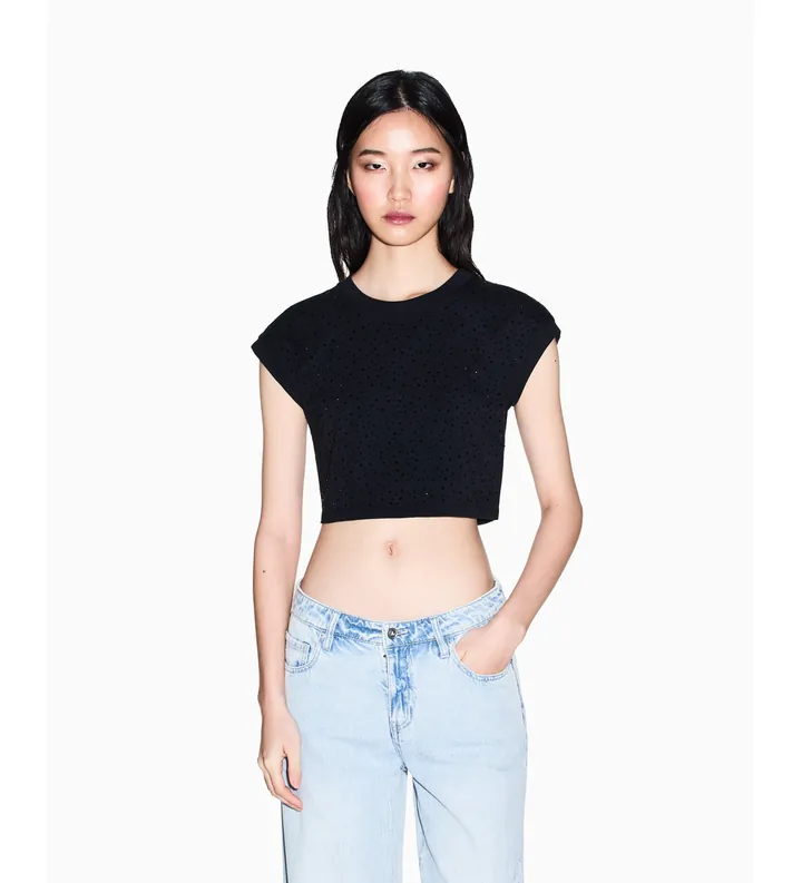 A|X Armani Exchange para mujer. XW002295AF17172UC001 Camiseta Crop negro (L), Casual, Algodón, Manga corta