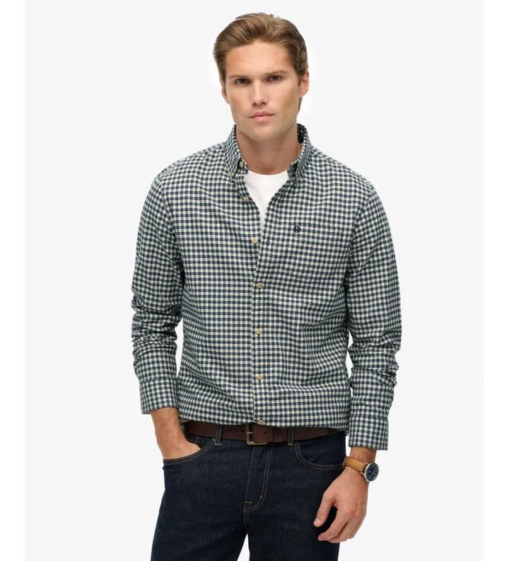 Superdry para hombre. M4011042A Camisa Premium Check Oxford verde (M), Casual, Algodón, Manga larga
