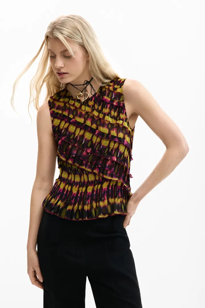 Desigual, Blusa sin manga estampada, Mujer, Poliester, Verde, L