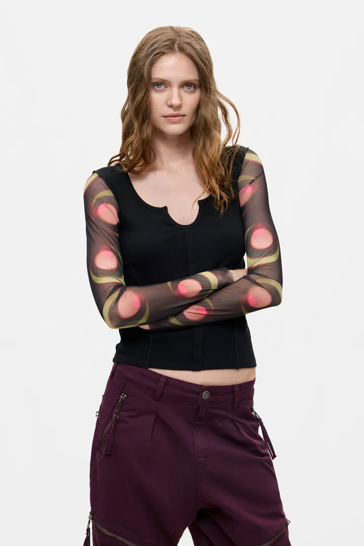 Desigual, Camiseta Manga Larga Estampada, Mujer, Negro, L