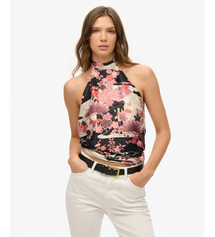 Superdry para mujer. W6012024A Top halter jacquard Goshodoki rosa (L), Casual, Fiesta, Viscosa, Sin mangas / Tirantes