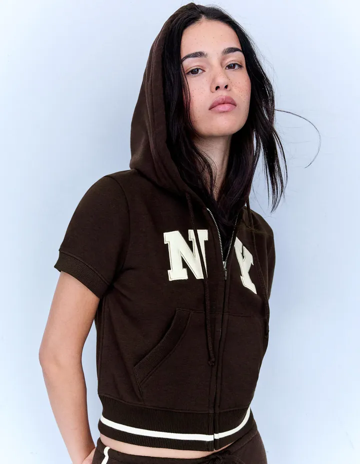 Bershka Sudadera Manga Corta Capucha Cremallera Mujer L Marrón