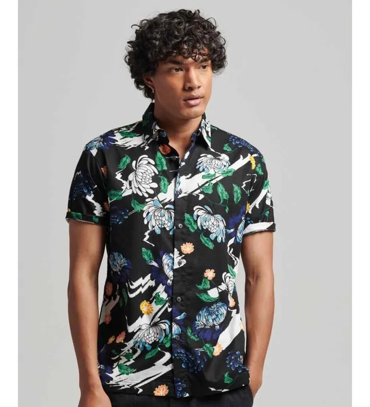 Superdry para hombre. M4010620A Camisa hawaiana marino (L), Negro, Casual, Modal, Manga corta