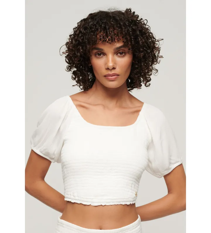 Superdry para mujer. W6011857A Camiseta tejida fruncida blanco (L), Casual, Viscosa, Manga corta