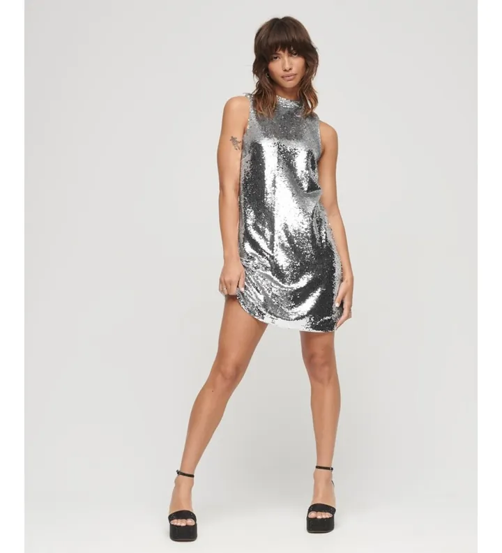 Superdry para mujer. W8011520A Minivestido recto con lentejuelas plateado (L), Plata, Fiesta, Poliéster, Sin mangas / Tirantes
