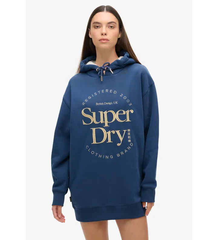 Superdry para mujer. W8011756A Vestido con capucha y logotipo metalizado Luxe
azul (L/XL), Casual, Algodón, Manga larga, Sostenible