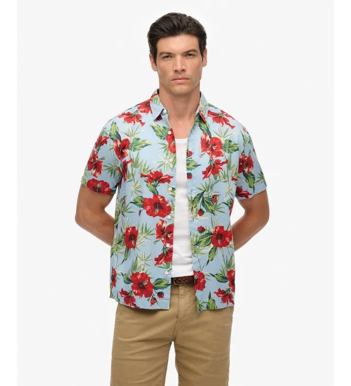Superdry para hombre. M4010947A Camisa Hawaiana azul (L), Casual, Algodón, Manga corta