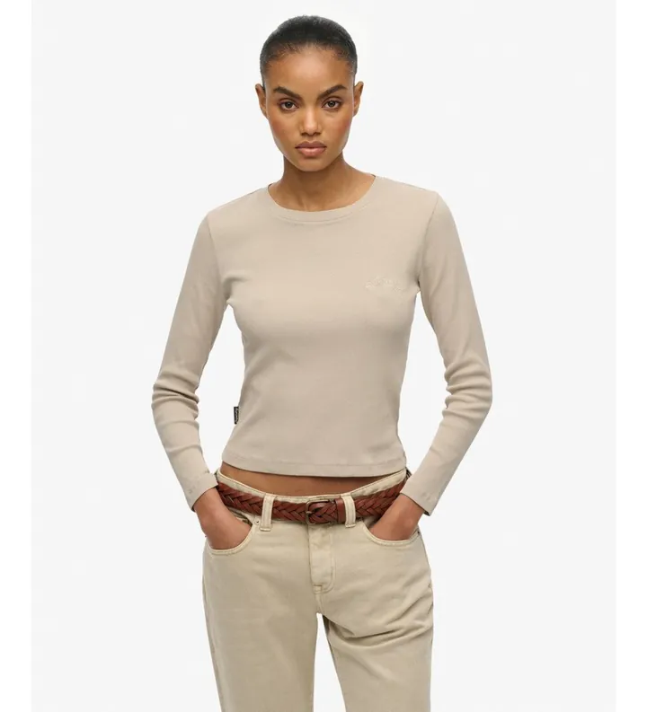Superdry para mujer. W6012108A Camiseta Essential Logo beige (L), Casual, Algodón, Manga larga