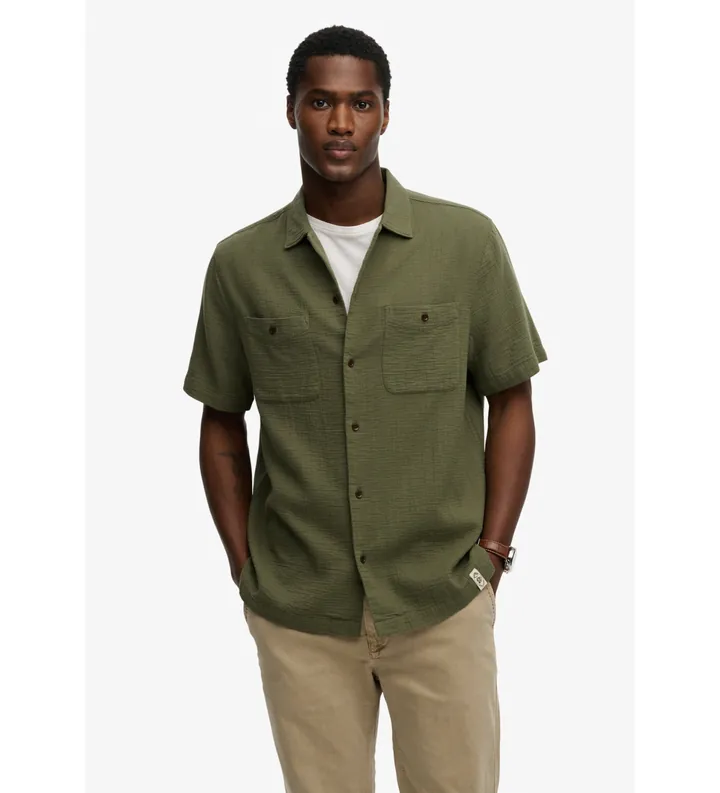 Superdry para hombre. M4011123A Camisa Merchant Textured verde (L), Casual, Algodón, Manga corta