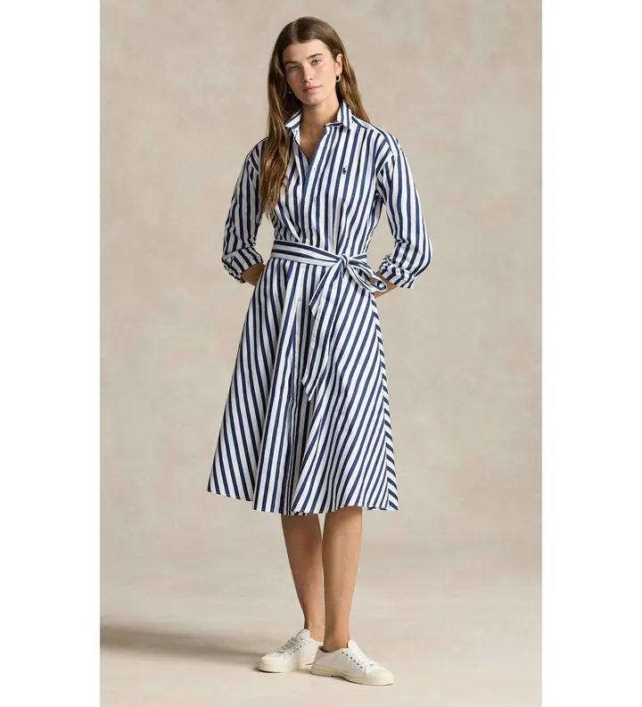 Polo Ralph Lauren para mujer. 211891428001 Vestido Camisero marino (30), Casual, Algodón, Manga larga
