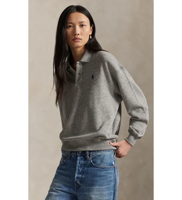 Polo Ralph Lauren para mujer. 211965097004 Jersey tipo polo de felpa ligera gris (L), Casual, Algodón, Manga larga