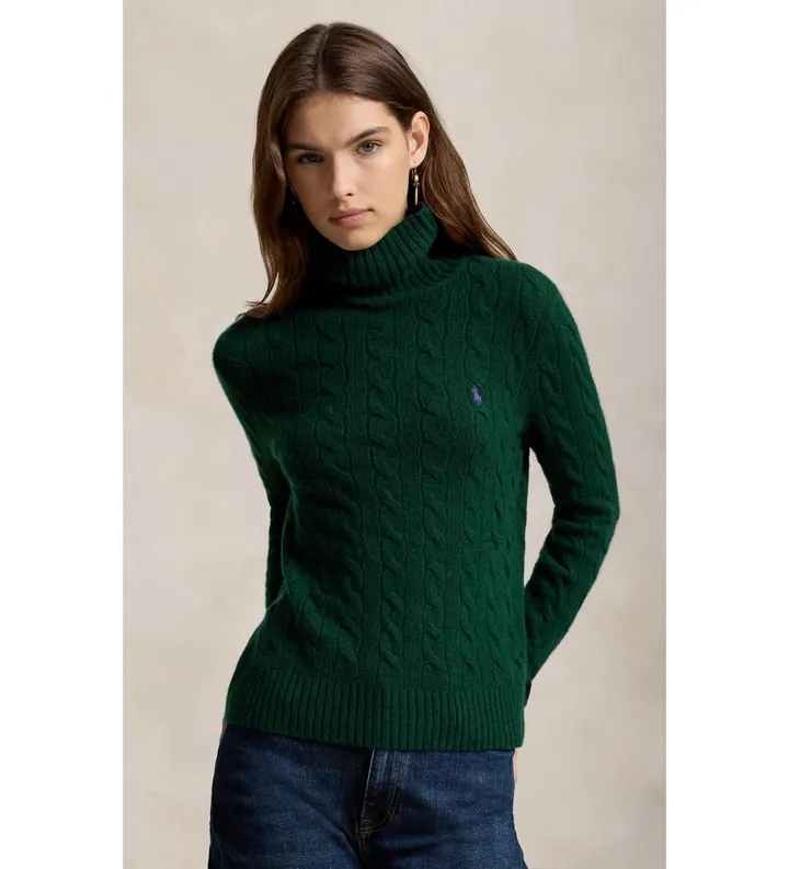 Polo Ralph Lauren para mujer. 211888686500 Jersey de cachemira y lana verde (S), Casual, Manga larga