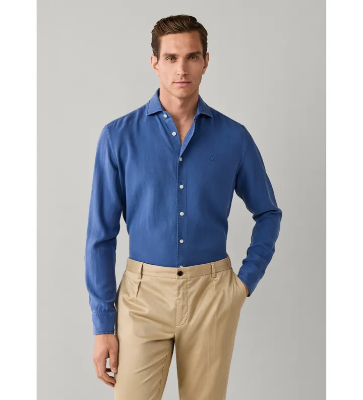 Hackett London para hombre. HM3010765 Camisa Gmd Texture azul (L), Casual, Clásico, Manga larga, Lyocell