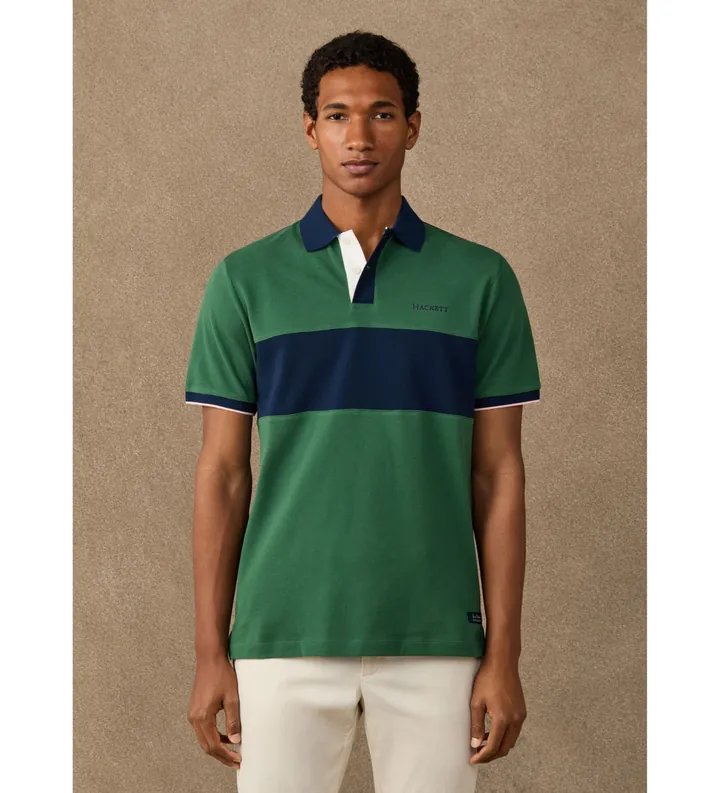 Hackett London para hombre. HM5600207 Polo Nbr Panel verde (L), Casual, Algodón, Manga corta