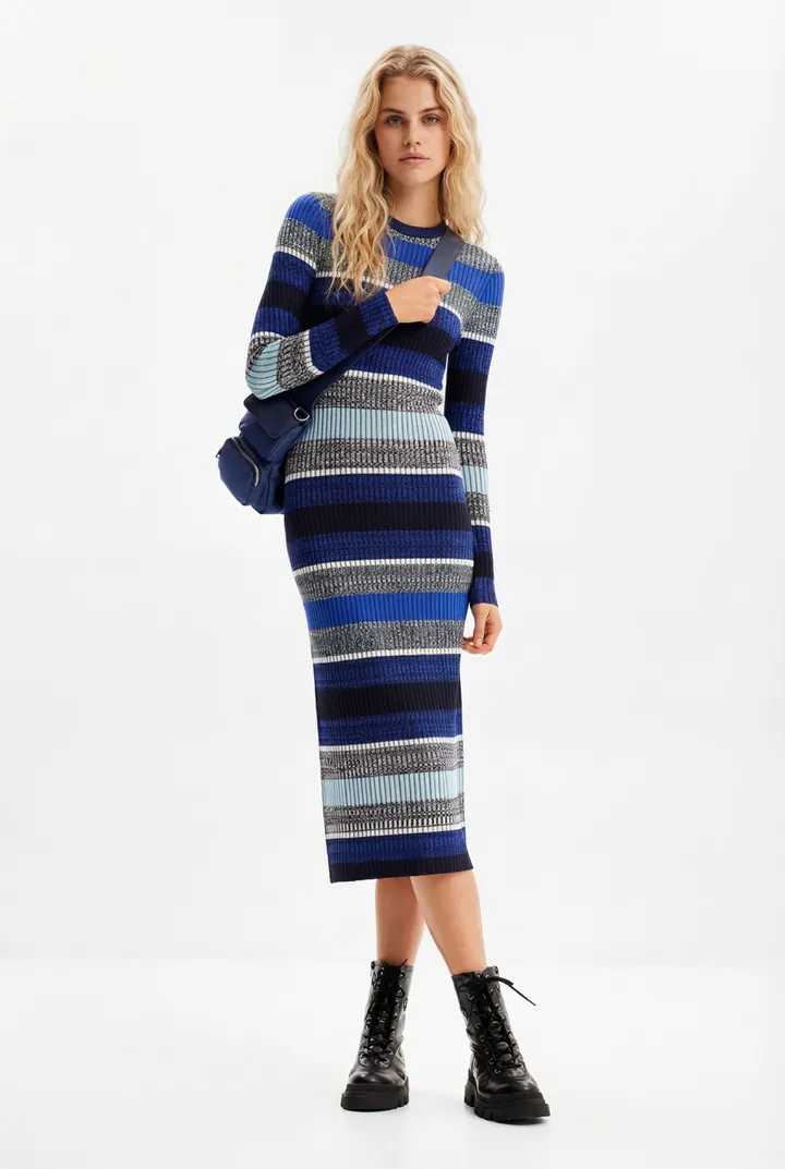 Desigual, Vestido midi canalé rayas, Azul, L