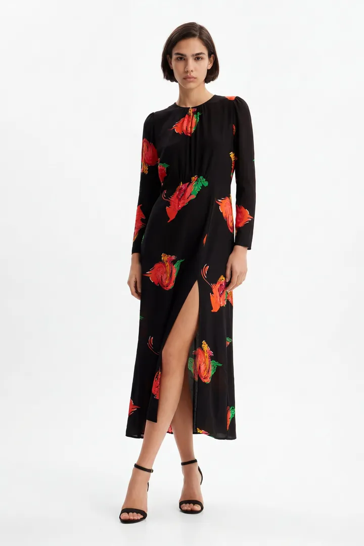 Desigual, Vestido largo abertura flores, Viscosa, Negro, L