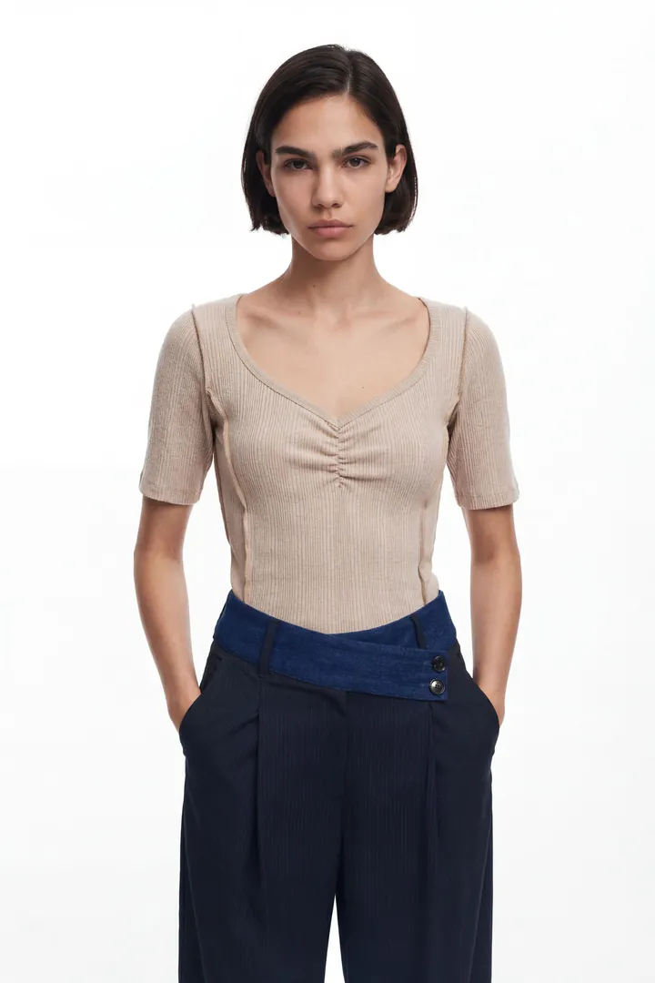 Desigual, Camiseta escote fruncido, Algodon, Blanco, L