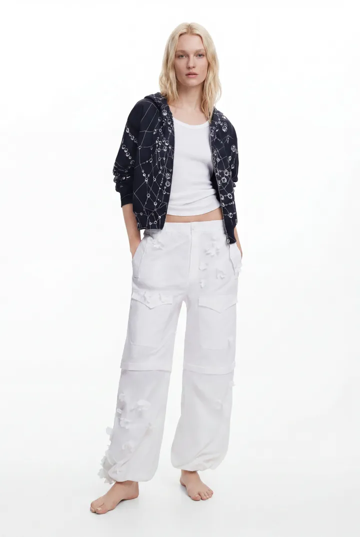 Desigual, Pantalón convertible flores Tyler McGillivary, Poliamida, Blanco, L