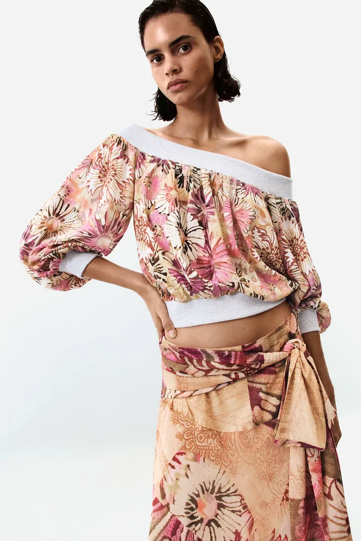 Desigual, Blusa strapless estampada, Mujer, Rojo, L