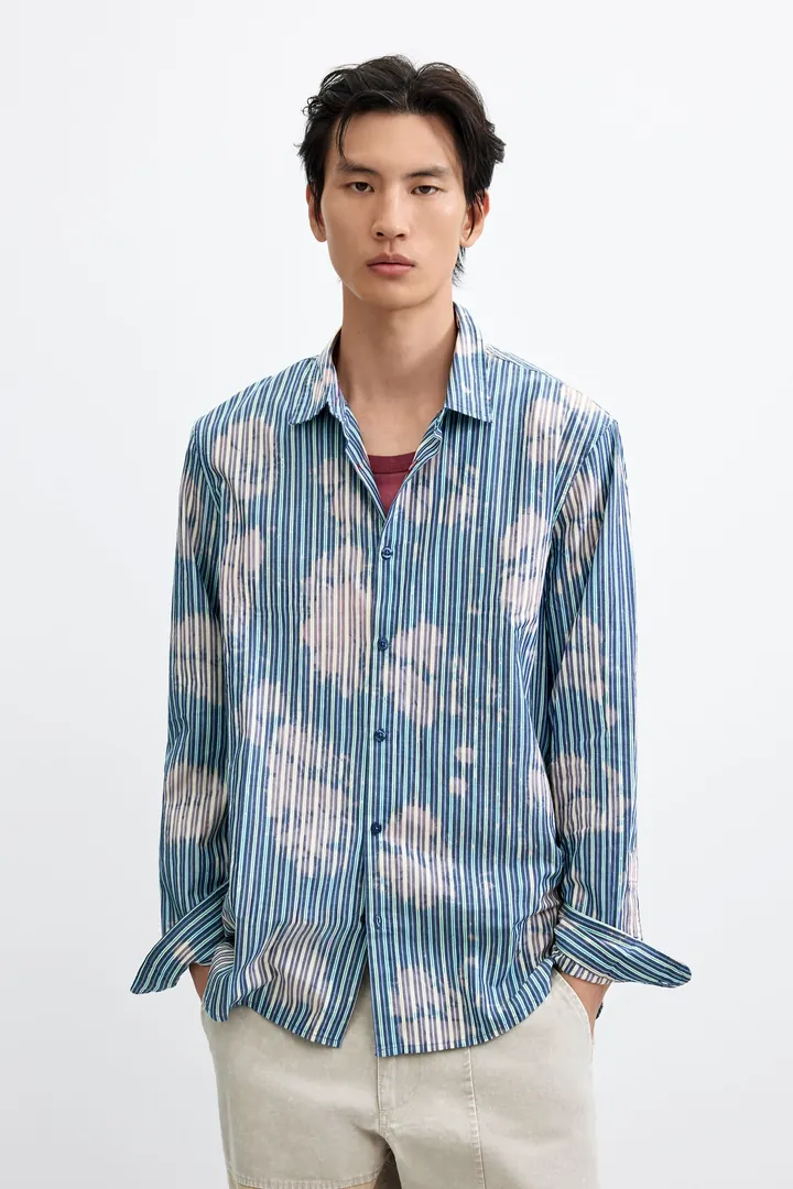 Desigual, Camisa rayas tie dye, Hombre, Algodon, Azul, L