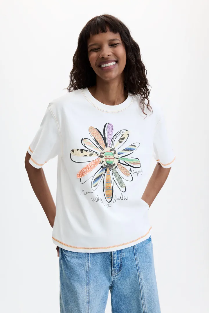 Desigual, Camiseta Estampado Floral 100% Algodón, Mujer, Algodon, Blanco, L