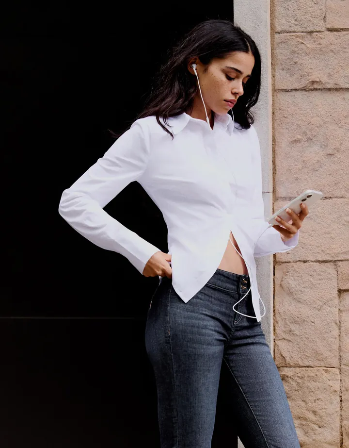 Bershka Camisa Manga Larga Entallada Mujer L Blanco