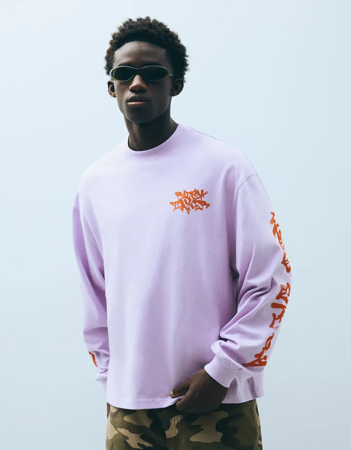 Bershka Camiseta Manga Larga Print Hombre L Morado
