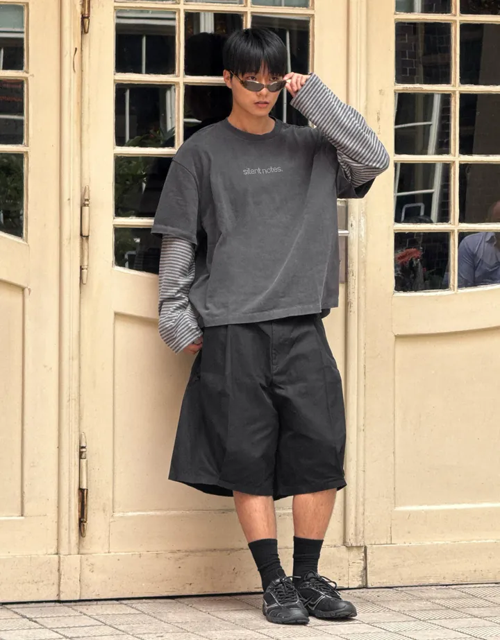 Bershka Camiseta Doble Manga Tachas Hombre L Gris