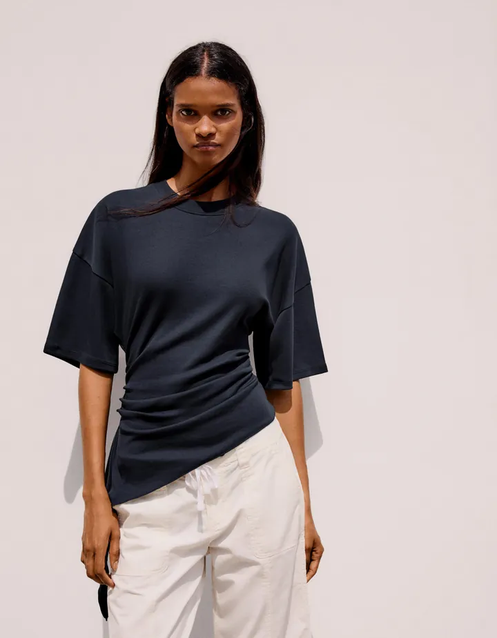 Bershka Camiseta Manga Corta Fruncido Mujer L Marino