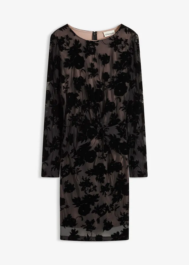 Vestido corto de malla fina con estampado flocado