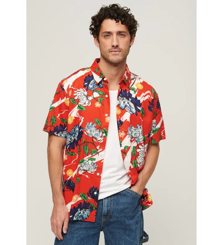 Superdry para hombre. M4010620A Camisa hawaiana de manga corta rojo (L), Casual, Modal