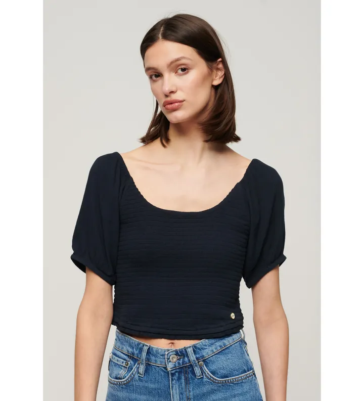 Superdry para mujer. W6011857A Camiseta tejida fruncida marino (L), Casual, Viscosa, Manga corta