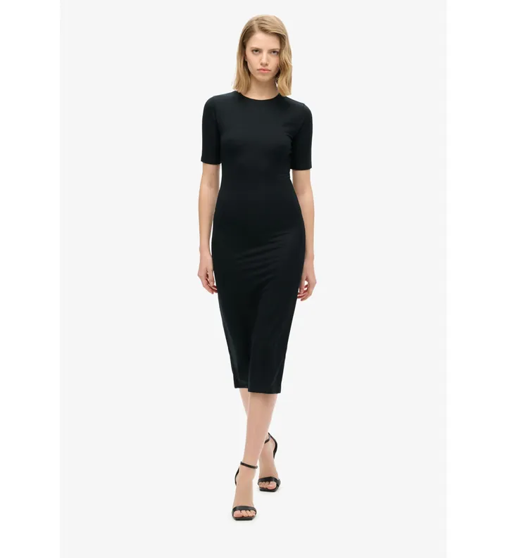 Superdry para mujer. W8011766A Vestido de punto midi de manga corta engro (M), Negro, Casual, Fiesta, Clásico, Modal