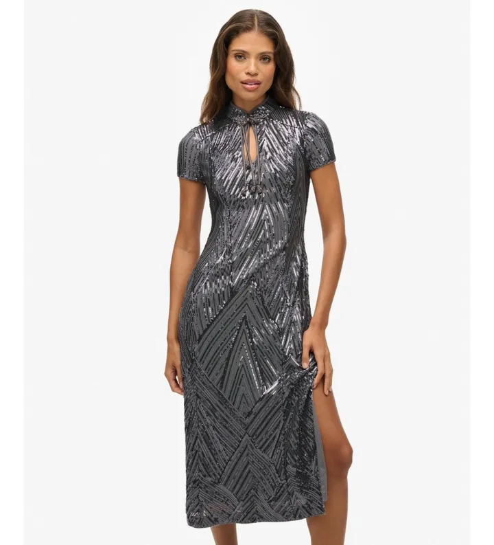 Superdry para mujer. W8012037A Vestido Mandarin Sequin midi gris (L), Fiesta, Poliéster, Manga corta
