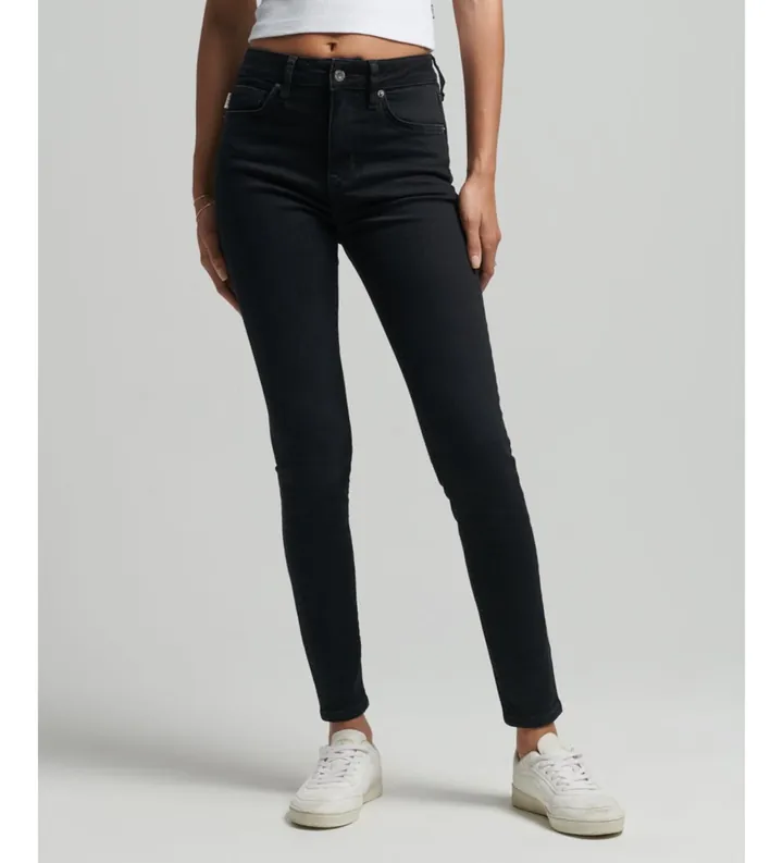 Superdry para mujer. W7010796A Jeans pitillo de talle alto de algodón orgánico negro (27/30), Casual, Denim, Poliéster, Sostenible